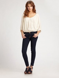 Airy chiffon gathered in a soft blouson silhouette, styled with a wide v-neckline charming lace trim.Gathered sleevesElastic cuffsButton-down placketElastic hemAbout 21 from shoulder to hemRayonDry cleanImportedModel shown is 5'8½ (174cm) wearing US size Small. Airy chiffon gathered in a soft blouson silhouette, styled with a wide v-neckline charming lace trim.Gathered sleevesElastic cuffsButton-down placketElastic hemAbout 21 from shoulder to hemRayonDry cleanImportedModel shown is 5'8½ (174cm) wearing US size Small.