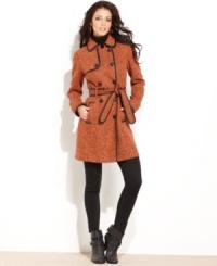 The classic trench gets a chic update with faux-leather trim and tweed on this Kensie style -- a hot fall staple! The classic trench gets a chic update with faux-leather trim and tweed on this Kensie style -- a hot fall staple!