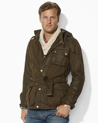 Imbued with vintage character, an authentic bike jacket crafted from waxed cotton features rugged utility pockets and a hood to protect you from the elements. Imbued with vintage character, an authentic bike jacket crafted from waxed cotton features rugged utility pockets and a hood to protect you from the elements.