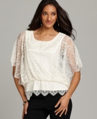 Sheer flutter sleeves give Style&co's lace top a sense of sweeping romance and the blouson-style fit flatters just about every figure! Sheer flutter sleeves give Style&co's lace top a sense of sweeping romance and the blouson-style fit flatters just about every figure!