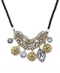 Make a bold statement with this collar necklace from Jessica Simpson. Crafted from gold-tone and silver-tone mixed metal with a black rope, the necklace features an array of charms for a dazzling statement. Approximate length: 16 inches. Approximate drop: 2 inches.