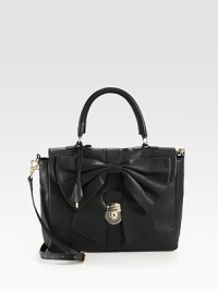 A feminine design with a structured frame in supple leather accented with a large bow.Double top handles, 5½ dropDetachable adjustable shoulder strap, 21½-23 dropSlide-lock flap closureOne inside zip pocketTwo inside open pocketsCotton lining11½W X 8½H X 3½DMade in Italy A feminine design with a structured frame in supple leather accented with a large bow.Double top handles, 5½ dropDetachable adjustable shoulder strap, 21½-23 dropSlide-lock flap closureOne inside zip pocketTwo inside open pocketsCotton lining11½W X 8½H X 3½DMade in Italy