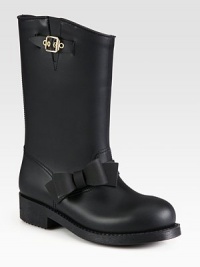 Side bow and buckle adornment add feminine charm to this short rainboot. Rubber heel, 1 (25mm)Shaft, 10½Leg circumference, 13½Rubber upperLeather liningRubber solePadded insoleMade in Italy Side bow and buckle adornment add feminine charm to this short rainboot. Rubber heel, 1 (25mm)Shaft, 10½Leg circumference, 13½Rubber upperLeather liningRubber solePadded insoleMade in Italy