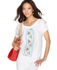 Colorful embroidery updates Style&co.'s essential peasant top. Try it with jeans, capris and shorts for an effortlessly chic summer look! (Clearance) Colorful embroidery updates Style&co.'s essential peasant top. Try it with jeans, capris and shorts for an effortlessly chic summer look! (Clearance)