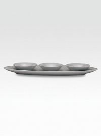 Sleek urban style at its finest, designed in fine porcelain with shiny surfaces and matte tonal banding. From the Matte & Shine CollectionIncludes three small bowls on an oblong trayFine porcelain16 wideDishwasher- and microwave-safeImported Sleek urban style at its finest, designed in fine porcelain with shiny surfaces and matte tonal banding. From the Matte & Shine CollectionIncludes three small bowls on an oblong trayFine porcelain16 wideDishwasher- and microwave-safeImported