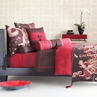 A modern expression of the Chinese Chippendale style in a rich palette of Dark Chocolate and Royal Red. A modern expression of the Chinese Chippendale style in a rich palette of Dark Chocolate and Royal Red.