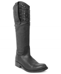 Stud detailing at the top of the shaft of Steve Madden's Regime boots puts a trendy spin on a classic style. Stud detailing at the top of the shaft of Steve Madden's Regime boots puts a trendy spin on a classic style.