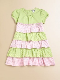 Tiers of contrasting check and polka dot ruffles and a pretty ruffled empire waist transform this soft cotton frock into an eye-catching work of art.CrewneckShort cap sleevesBack buttonsRuffled empire waistCottonMachine washImported Please note: Number of buttons may vary depending on size ordered. Tiers of contrasting check and polka dot ruffles and a pretty ruffled empire waist transform this soft cotton frock into an eye-catching work of art.CrewneckShort cap sleevesBack buttonsRuffled empire waistCottonMachine washImported Please note: Number of buttons may vary depending on size ordered.