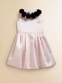 She'll be picture perfect in this frilly, satin frock embellished with delicate rosettes for a sweet ensemble.Jewelneck with rosette detailSleevelessBack zipperFull skirtPolyesterDry cleanMade in the USA She'll be picture perfect in this frilly, satin frock embellished with delicate rosettes for a sweet ensemble.Jewelneck with rosette detailSleevelessBack zipperFull skirtPolyesterDry cleanMade in the USA