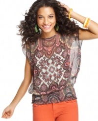 An entrancing exotic print takes Cha Cha Vente's chiffon top to the next level of chic! Pair with a camisole or a bandeau top -- if you dare! An entrancing exotic print takes Cha Cha Vente's chiffon top to the next level of chic! Pair with a camisole or a bandeau top -- if you dare!