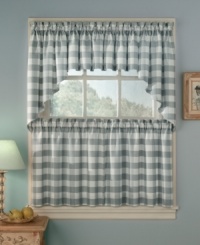 Get your country home in check with the Rowan Plaid valance. A classic pattern in soothing slate or gold tailors the room with effortless charm. Dyed yarns filter light to keep out the summer sun. Get your country home in check with the Rowan Plaid valance. A classic pattern in soothing slate or gold tailors the room with effortless charm. Dyed yarns filter light to keep out the summer sun.