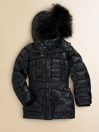 This sleek nylon puffer with fabulous fur trim will surely keep out the chills.Snap-off hood with fur trimStand collarQuilted alloverConcealed zip and snap frontLong sleeves with rib-knit cuffsFront slash and flap pocketsBelted waistFully linedShell: polyamideFill: goose downTrim: dyed Asiatic raccoon furDry cleanImportedFur origin: Finland Please note: Number of snaps may vary depending on size ordered. This sleek nylon puffer with fabulous fur trim will surely keep out the chills.Snap-off hood with fur trimStand collarQuilted alloverConcealed zip and snap frontLong sleeves with rib-knit cuffsFront slash and flap pocketsBelted waistFully linedShell: polyamideFill: goose downTrim: dyed Asiatic raccoon furDry cleanImportedFur origin: Finland Please note: Number of snaps may vary depending on size ordered.