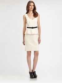 Sophisticated v-neck dress has a peplum waist detail, detachable leather belt and plunging v-back. Plunging v-neckSleevelessPeplum waist detailDetachable leather beltV-backInvisible back zipperAbout 22 from natural waist69% rayon/29% nylon/2% spandexDry cleanMade in USA of imported fabricModel shown is 5'10 (177cm) wearing US size 2. Sophisticated v-neck dress has a peplum waist detail, detachable leather belt and plunging v-back. Plunging v-neckSleevelessPeplum waist detailDetachable leather beltV-backInvisible back zipperAbout 22 from natural waist69% rayon/29% nylon/2% spandexDry cleanMade in USA of imported fabricModel shown is 5'10 (177cm) wearing US size 2.
