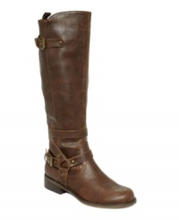 Full of buckled straps. G by GUESS's Hyderi riding boots add a bit of adventure to your day. Full of buckled straps. G by GUESS's Hyderi riding boots add a bit of adventure to your day.