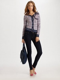 Front bow details and a charming plaid pattern make this preppy layer a must-have for the season.ScoopneckButton-down frontLong sleeves with ribbed cuffsPlaid-print front and sleeves with contrast back panelRibbed hemAbout 19½ from shoulder to hem64% cotton/36% viscoseDry cleanImported Model shown is 5'10 (177cm) wearing US size Small. Front bow details and a charming plaid pattern make this preppy layer a must-have for the season.ScoopneckButton-down frontLong sleeves with ribbed cuffsPlaid-print front and sleeves with contrast back panelRibbed hemAbout 19½ from shoulder to hem64% cotton/36% viscoseDry cleanImported Model shown is 5'10 (177cm) wearing US size Small.