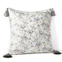 This romantic Waterford sham boasts a multicolor floral pattern in cool shades of plum, green, slate blue and soft yellow on a silver ground with a resplendent fringe edge. This romantic Waterford sham boasts a multicolor floral pattern in cool shades of plum, green, slate blue and soft yellow on a silver ground with a resplendent fringe edge.