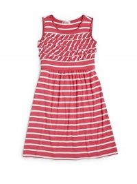 THE LOOKAllover stripesRows of ruffles adorn the frontSleevelessBanded waistTHE MATERIALBody: 95% viscose/5% spandexCARE & ORIGINHand washImported THE LOOKAllover stripesRows of ruffles adorn the frontSleevelessBanded waistTHE MATERIALBody: 95% viscose/5% spandexCARE & ORIGINHand washImported