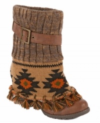 Snuggle up in the sweater-like fabric and tassels that cover the Cassandra booties by Muk Luks. Snuggle up in the sweater-like fabric and tassels that cover the Cassandra booties by Muk Luks.