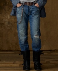 The original straight-fit jean is updated in expertly faded and frayed denim for an urban twist on a classic silhouette. The original straight-fit jean is updated in expertly faded and frayed denim for an urban twist on a classic silhouette.