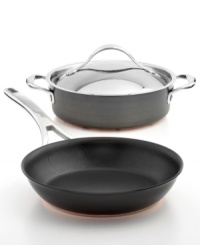 Featuring a double full-cap base, this skillet and sauteuse duo features a full layer of copper sandwiched by two layers of hard-anodized aluminum and protected by an impact-bonded magnetic stainless steel cap. The straight, deep sides of the sauteuse provide extra capacity for searing, braising, stewing and deglazing, while the 10 skillet is the perfect size for an array of cooking tasks, like sauteing, frying and more. Lifetime warranty. Featuring a double full-cap base, this skillet and sauteuse duo features a full layer of copper sandwiched by two layers of hard-anodized aluminum and protected by an impact-bonded magnetic stainless steel cap. The straight, deep sides of the sauteuse provide extra capacity for searing, braising, stewing and deglazing, while the 10 skillet is the perfect size for an array of cooking tasks, like sauteing, frying and more. Lifetime warranty.
