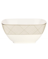 Dressed in a fine diamond grid of bronze and warm taupe, these medium square bowls are from Noritake dinnerware. The dishes in the Veneto collection are tailored for formal dining and everyday elegance in bone china. Dressed in a fine diamond grid of bronze and warm taupe, these medium square bowls are from Noritake dinnerware. The dishes in the Veneto collection are tailored for formal dining and everyday elegance in bone china.