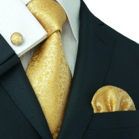 Landisun 28C Gold Yellow Floral Pattern Mens Silk Tie Set: Tie+Hanky+Cufflinks Landisun 28C Gold Yellow Floral Pattern Mens Silk Tie Set: Tie+Hanky+Cufflinks