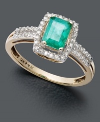 The perfect gift for a May birthday - this dazzling ring features a vibrant emerald gemstone (9/10 ct. t.w.) surrounded by rows of sparkling round-cut diamonds (1/5 ct. t.w.). Set in 14k gold. The perfect gift for a May birthday - this dazzling ring features a vibrant emerald gemstone (9/10 ct. t.w.) surrounded by rows of sparkling round-cut diamonds (1/5 ct. t.w.). Set in 14k gold.