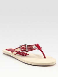 Classic check print upper, updated by an adjustable thong strap and polished patent leather trim. Patent leather and coated leather upperFoam liningRubber soleImportedOUR FIT MODEL RECOMMENDS ordering one half size down as this style runs large. Classic check print upper, updated by an adjustable thong strap and polished patent leather trim. Patent leather and coated leather upperFoam liningRubber soleImportedOUR FIT MODEL RECOMMENDS ordering one half size down as this style runs large.