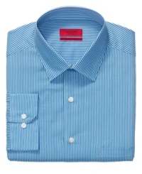Cut a crisp, clean silhouette with this streamlined striped shirt from Alfani. Cut a crisp, clean silhouette with this streamlined striped shirt from Alfani.