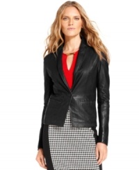 A stylish new twist on the classic leather jacket, MICHAEL Michael Kors introduces a sleek silhouette with a knit back for an easy, effortless fit. This must-have topper looks just right with everything in your closet. (Clearance) A stylish new twist on the classic leather jacket, MICHAEL Michael Kors introduces a sleek silhouette with a knit back for an easy, effortless fit. This must-have topper looks just right with everything in your closet. (Clearance)