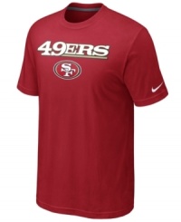 From the pre-game to after-party, show off your San Francisco 49ers pride in this NFL football t-shirt from Nike. From the pre-game to after-party, show off your San Francisco 49ers pride in this NFL football t-shirt from Nike.