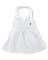 The classic cotton-mesh polo is given a pretty warm-weather look in a sleeveless halter silhouette with smocked detailing. The classic cotton-mesh polo is given a pretty warm-weather look in a sleeveless halter silhouette with smocked detailing.
