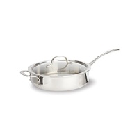 This Tri-Ply Calphalon sauté pan features an updated lid design to give lower profile and a cool V stainless steel handle. Classic vessel design, induction capable magnetic stainless steel exterior. This Tri-Ply Calphalon sauté pan features an updated lid design to give lower profile and a cool V stainless steel handle. Classic vessel design, induction capable magnetic stainless steel exterior.