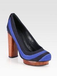 Stretchy colorblock linen silhouette with leather trim, grounded by a wooden heel and an island platform. Wooden heel, 4½ (115mm) Wooden island platform, 1 (25mm)Compares to a 3½ heel (90mm)Linen and leather upperLeather lining and solePadded insoleImportedOUR FIT MODEL RECOMMENDS ordering one half size up as this style runs small. Stretchy colorblock linen silhouette with leather trim, grounded by a wooden heel and an island platform. Wooden heel, 4½ (115mm) Wooden island platform, 1 (25mm)Compares to a 3½ heel (90mm)Linen and leather upperLeather lining and solePadded insoleImportedOUR FIT MODEL RECOMMENDS ordering one half size up as this style runs small.