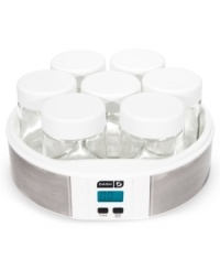 A quicker, healthier, cost-saving way to make yogurt at home. In just 8 to 12 hours, this smart tool will revolutionize the way your kitchen works by dishing out delicious, fresh yogurt with a lower sugar content. With 7 dishwasher-safe glass jars, you can add in your favorite fruits and create new flavors. 1-year warranty. Model DSY007CM. A quicker, healthier, cost-saving way to make yogurt at home. In just 8 to 12 hours, this smart tool will revolutionize the way your kitchen works by dishing out delicious, fresh yogurt with a lower sugar content. With 7 dishwasher-safe glass jars, you can add in your favorite fruits and create new flavors. 1-year warranty. Model DSY007CM.
