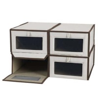 Household Essentials Set of Four Large Shoe Storage Boxes, Natural Canvas with Brown Trim Household Essentials Set of Four Large Shoe Storage Boxes, Natural Canvas with Brown Trim