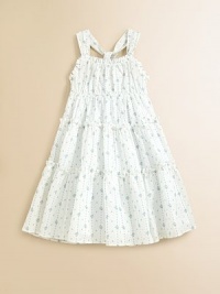 A timeless frock is adorned with a sweet floral print, a tiered silhouette and complementary ruffles.Straight necklineCross-back strapsBack smockingFlared hemCottonMachine washImported A timeless frock is adorned with a sweet floral print, a tiered silhouette and complementary ruffles.Straight necklineCross-back strapsBack smockingFlared hemCottonMachine washImported