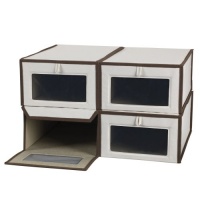 Household Essentials Set of Four Large Shoe Storage Boxes, Natural Canvas with Brown Trim Household Essentials Set of Four Large Shoe Storage Boxes, Natural Canvas with Brown Trim
