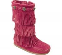 Minnetonka Girls' 3 Layer Fringe Boot Suede Boots,Bright Pink Suede,4 M US Minnetonka Girls' 3 Layer Fringe Boot Suede Boots,Bright Pink Suede,4 M US
