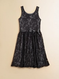 Crafted with a beautiful lace overlay, this stunning frock is perfect for a picnic or a night out on the town.ScoopneckSleevelessConcealed side zipperRibbon tie waistband65% polyester/35% rayonMachine washImported Crafted with a beautiful lace overlay, this stunning frock is perfect for a picnic or a night out on the town.ScoopneckSleevelessConcealed side zipperRibbon tie waistband65% polyester/35% rayonMachine washImported