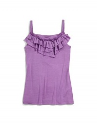 THE LOOKShoulder strapsTiny pleated ruffles adorn the necklineTiered ruffle bibTHE MATERIAL95% rayon/5% spandexCARE & ORIGINMachine washMade in USA THE LOOKShoulder strapsTiny pleated ruffles adorn the necklineTiered ruffle bibTHE MATERIAL95% rayon/5% spandexCARE & ORIGINMachine washMade in USA