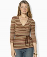Alternating stripes lend modern panache to Lauren Jeans Co.'s lightweight wrap top, crafted in a blend of linen and cotton. (Clearance) Alternating stripes lend modern panache to Lauren Jeans Co.'s lightweight wrap top, crafted in a blend of linen and cotton. (Clearance)