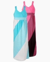 Bold colorblock prints on this long, flowing maxi dress from Planet Gold are the perfect accents to the sunny weather this summer. Bold colorblock prints on this long, flowing maxi dress from Planet Gold are the perfect accents to the sunny weather this summer.