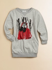 This cozy tunic-length pullover is adorably adorned with a front screen print of a red-cloaked wolf in the woods, complete with a big bow and a leering smile.Ribbed crewneck with V insetLong sleeves with ribbed cuffsAngled front zip pocketsWide ribbed hemCottonHand washImported