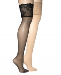 On-the-move romance, by DKNY: silky smooth thigh-highs in a sexy sheer with a stay-in-place lace top. On-the-move romance, by DKNY: silky smooth thigh-highs in a sexy sheer with a stay-in-place lace top.