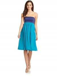 THE LOOKColorblock designStrapless with bust darts Empire waist with gathered detailsSide zip closureTHE FITAbout 30 from top to hemTHE MATERIALBodice: 98% cotton/2% lycraSkirt: SilkPartially linedCARE & ORIGINDry cleanImportedModel shown is 5'10 (177cm) wearing US size 4. THE LOOKColorblock designStrapless with bust darts Empire waist with gathered detailsSide zip closureTHE FITAbout 30 from top to hemTHE MATERIALBodice: 98% cotton/2% lycraSkirt: SilkPartially linedCARE & ORIGINDry cleanImportedModel shown is 5'10 (177cm) wearing US size 4.