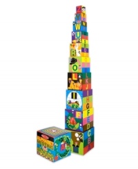 Brightly colored animals and familiar objects illustrate the letters of the alphabet on these cardboard blocks. Nested, the ten vibrant blocks fit into the included carrying case. Stacked, they form a tower nearly three feet high! Brightly colored animals and familiar objects illustrate the letters of the alphabet on these cardboard blocks. Nested, the ten vibrant blocks fit into the included carrying case. Stacked, they form a tower nearly three feet high!