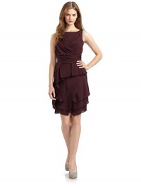 THE LOOKBateau necklineSide zip closureSleevelessDraped, pleated bodiceAsymmetrical waistline with ruffle detailTiered skirtTHE FITAbout 39 from shoulder to hemTHE MATERIALSilkFully linedCARE & ORIGINDry cleanImported THE LOOKBateau necklineSide zip closureSleevelessDraped, pleated bodiceAsymmetrical waistline with ruffle detailTiered skirtTHE FITAbout 39 from shoulder to hemTHE MATERIALSilkFully linedCARE & ORIGINDry cleanImported