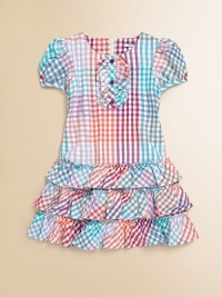 A spectacular frock in a rainbow of colors with a ruffled hem for a simply sunny ensemble.JewelneckShort puffed sleevesBack zipperDrop-waistTiered ruffled hemCottonMachine washImported A spectacular frock in a rainbow of colors with a ruffled hem for a simply sunny ensemble.JewelneckShort puffed sleevesBack zipperDrop-waistTiered ruffled hemCottonMachine washImported