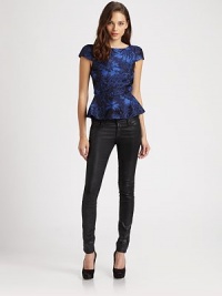 Rich floral damask, sleek and top-fitted with a shape-defining peplum at the waist.BoatneckCap sleevesSheer back panelCenter back zipperAbout 21 from shoulder to hemViscoseDry cleanImportedModel shown is 5'10 (177cm) wearing US size Small. Rich floral damask, sleek and top-fitted with a shape-defining peplum at the waist.BoatneckCap sleevesSheer back panelCenter back zipperAbout 21 from shoulder to hemViscoseDry cleanImportedModel shown is 5'10 (177cm) wearing US size Small.
